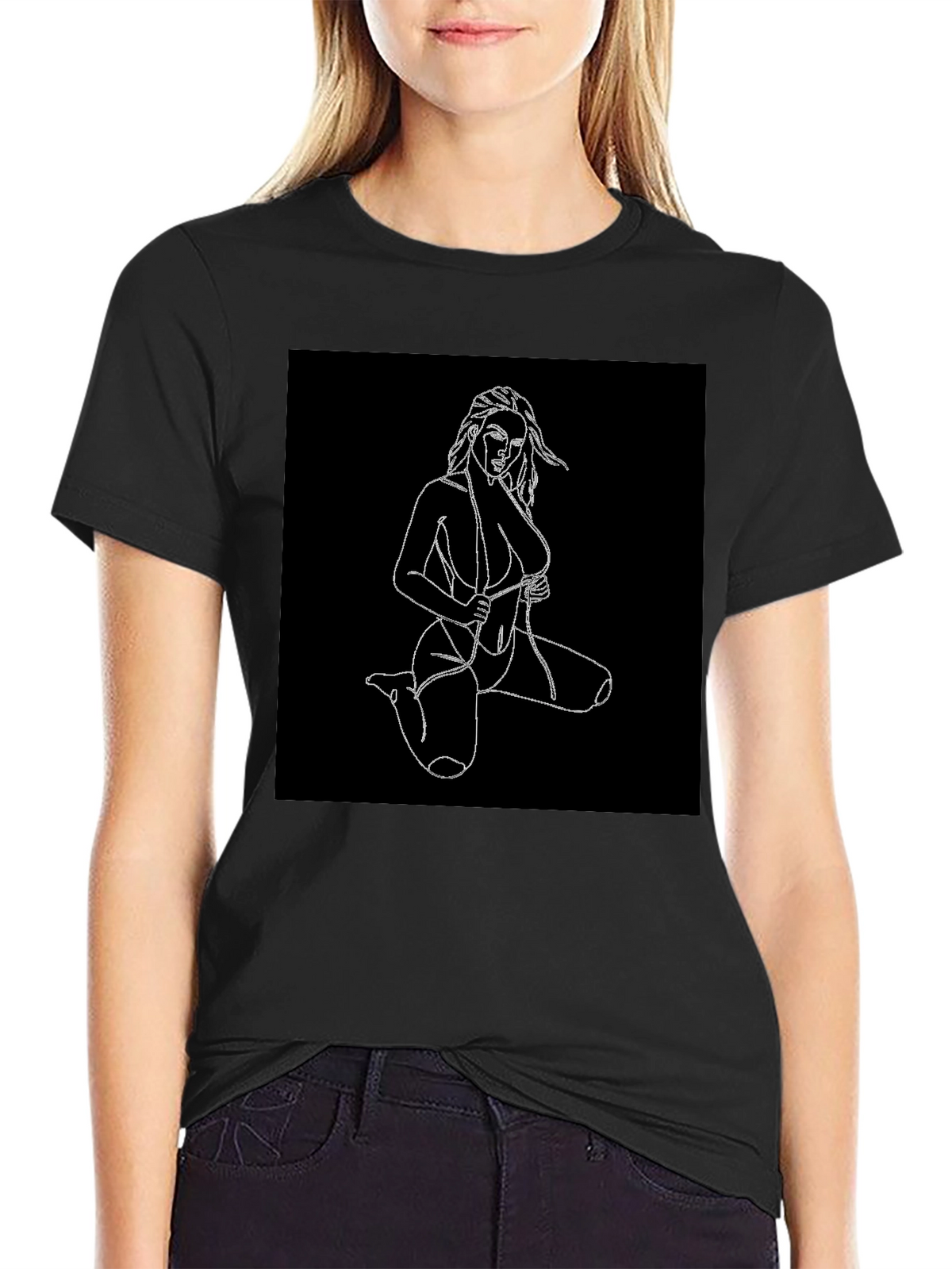 Black T-Shirt with Line Art Woman Design