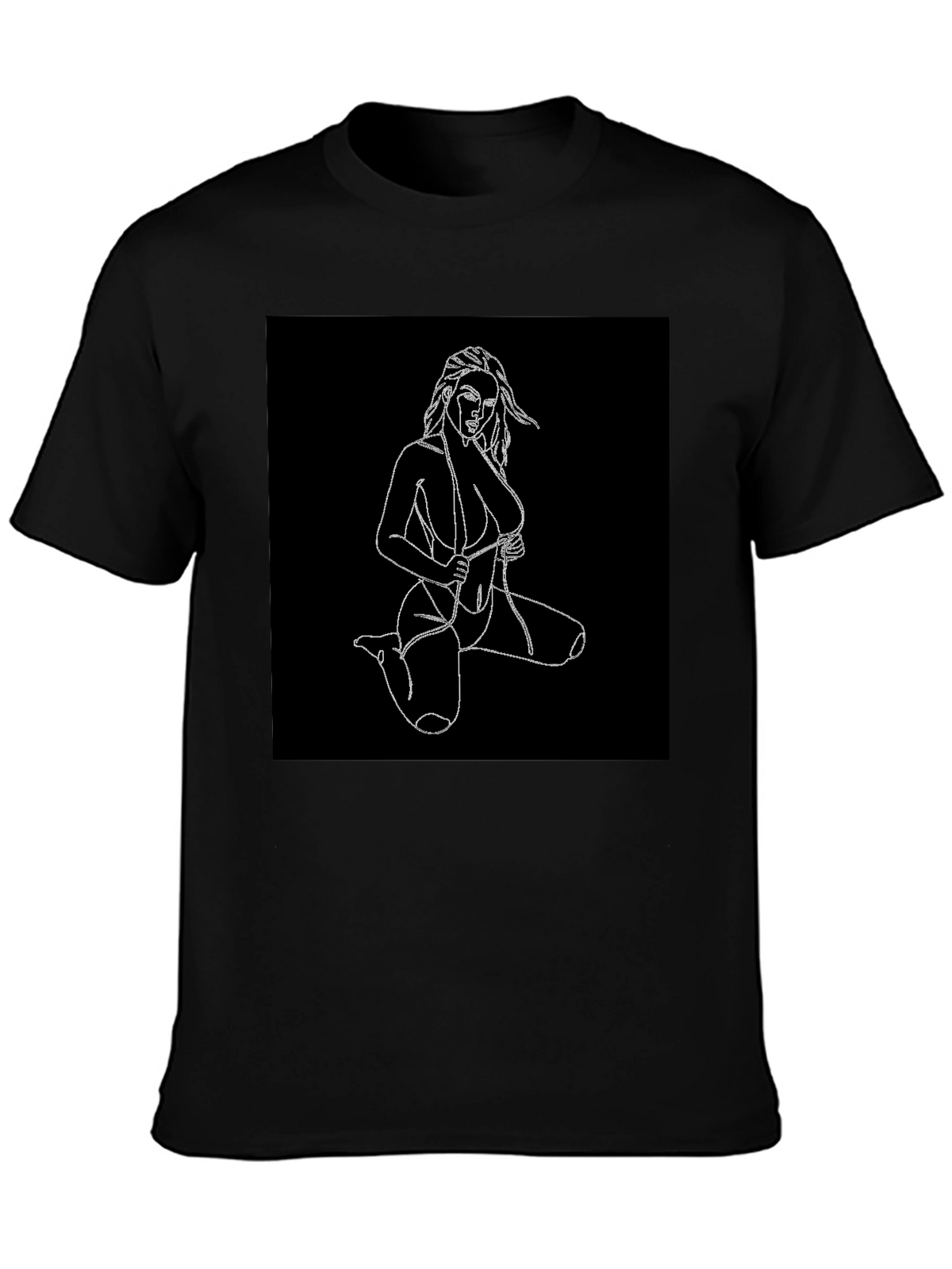 Black T-Shirt with Line Art Woman Design