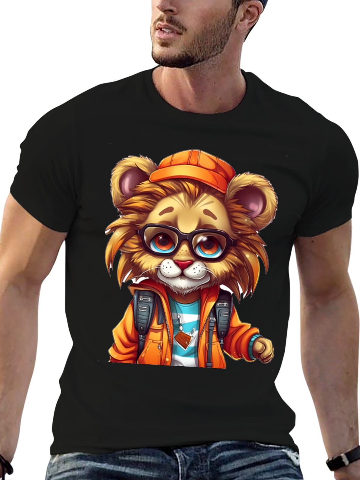Cartoon Lion Graphic Tee - Black