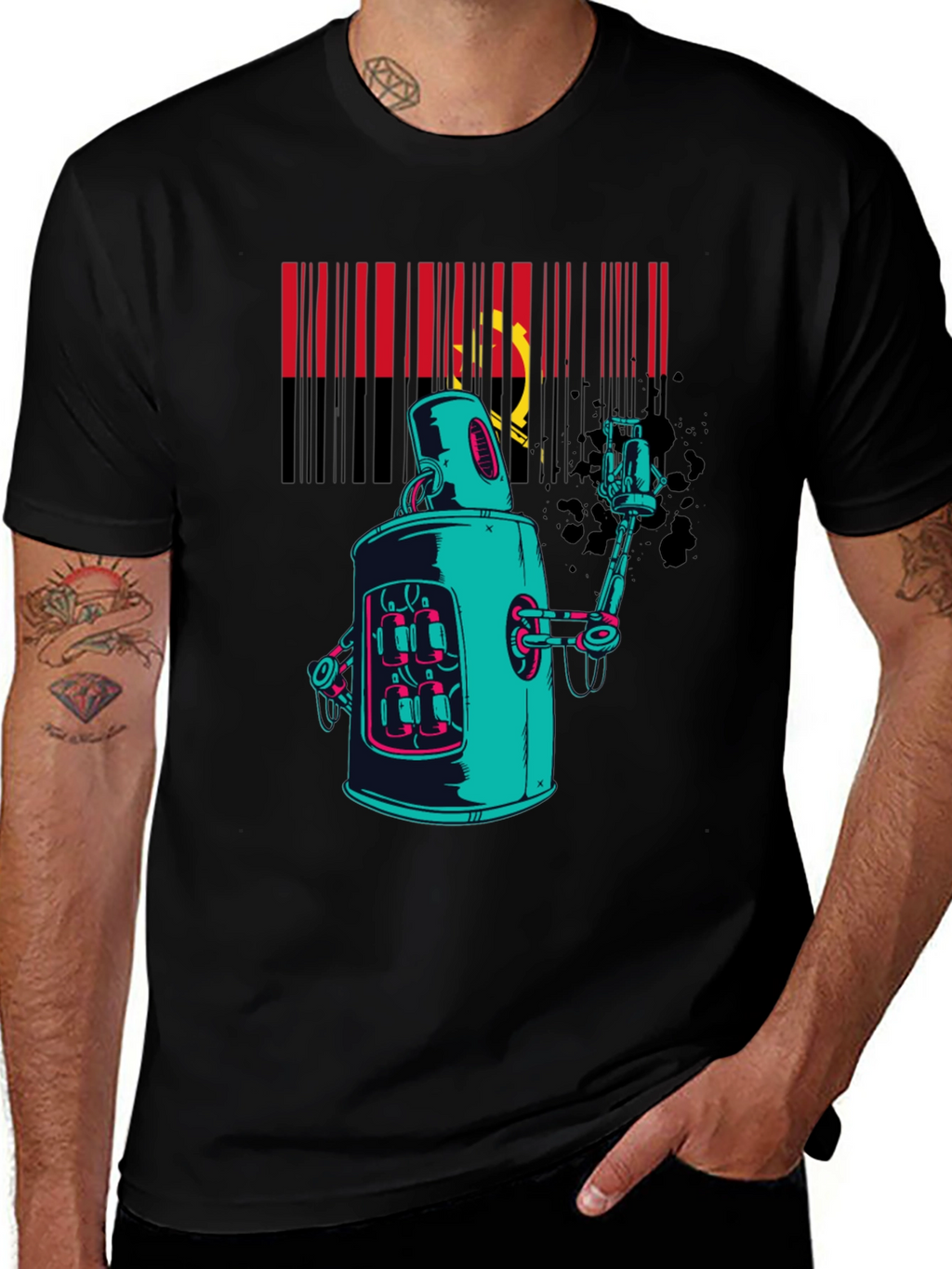 Robot Spray Paint Graphic T-Shirt - Black