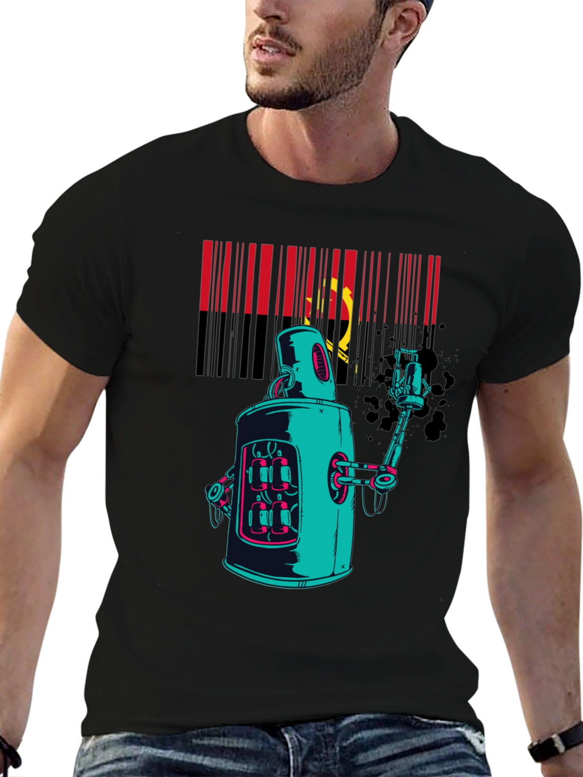 Robot Spray Paint Graphic T-Shirt - Black