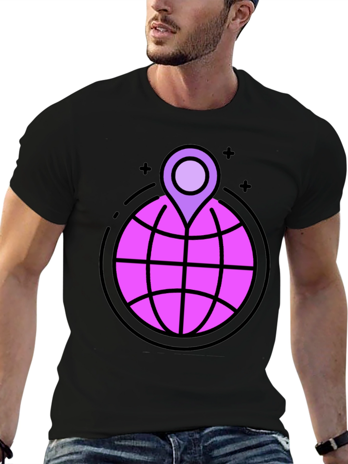 Globe & Location Pin Graphic Black T-Shirt