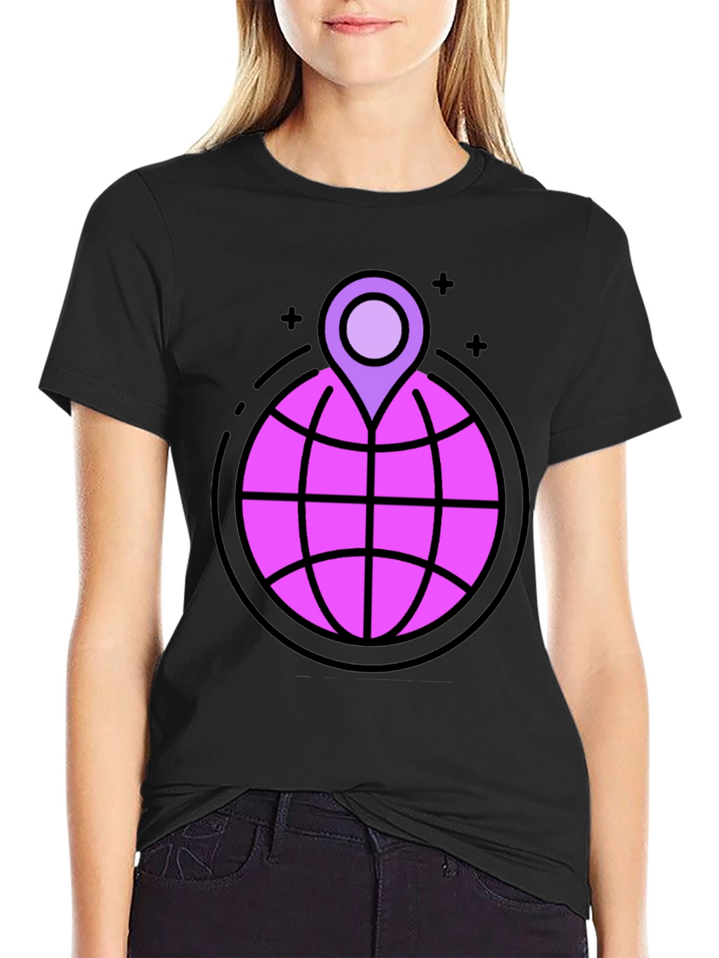 Globe & Location Pin Graphic Black T-Shirt