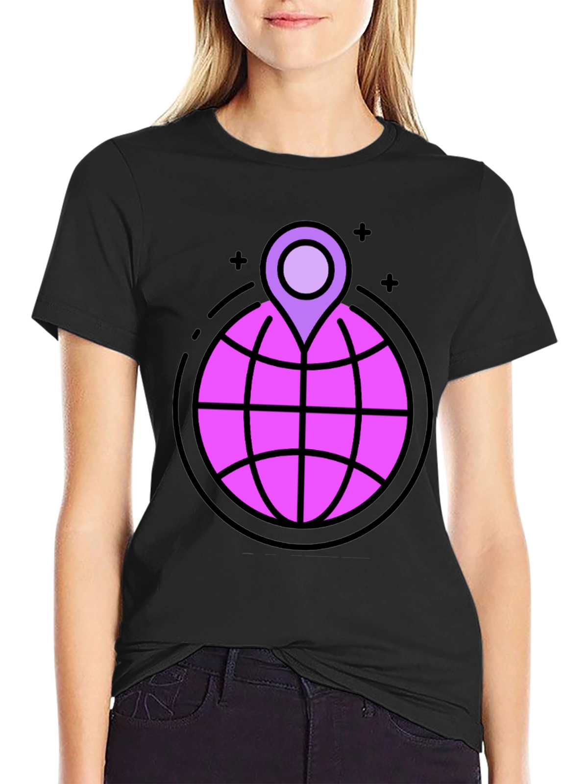 Globe & Location Pin Graphic Black T-Shirt