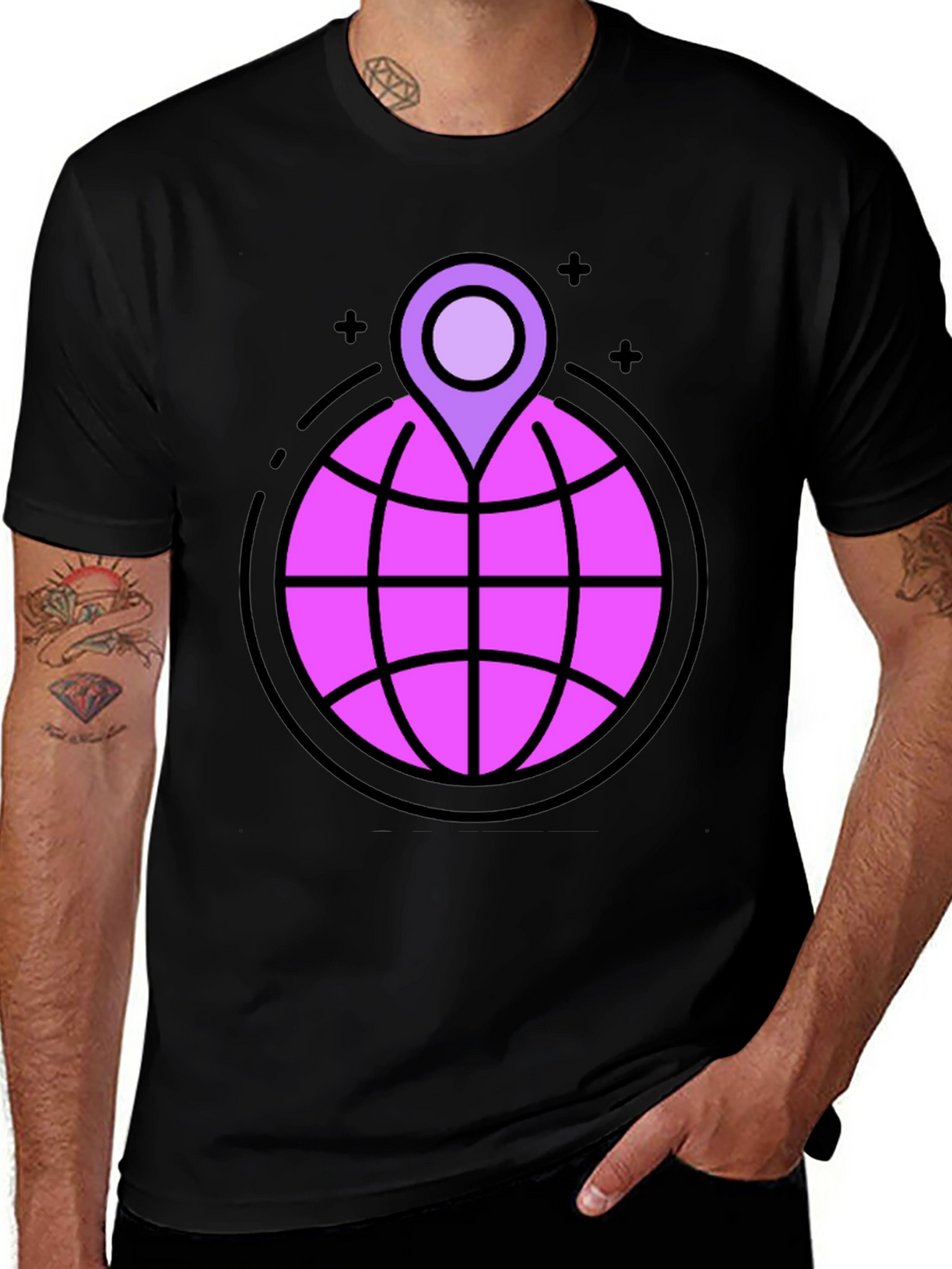 Globe & Location Pin Graphic Black T-Shirt