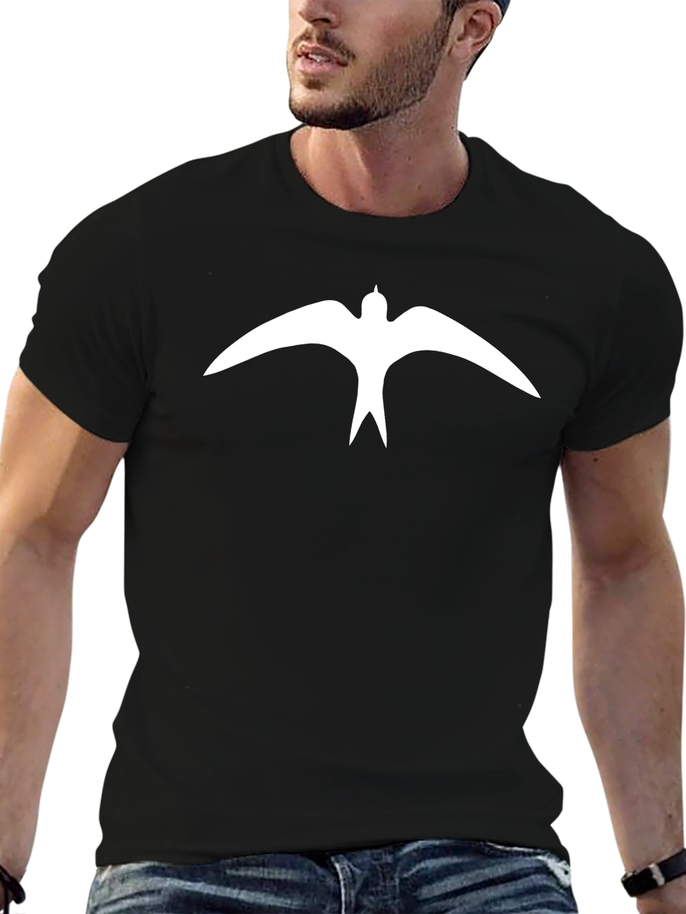 Stylish Black T-Shirt with White Bird Graphic