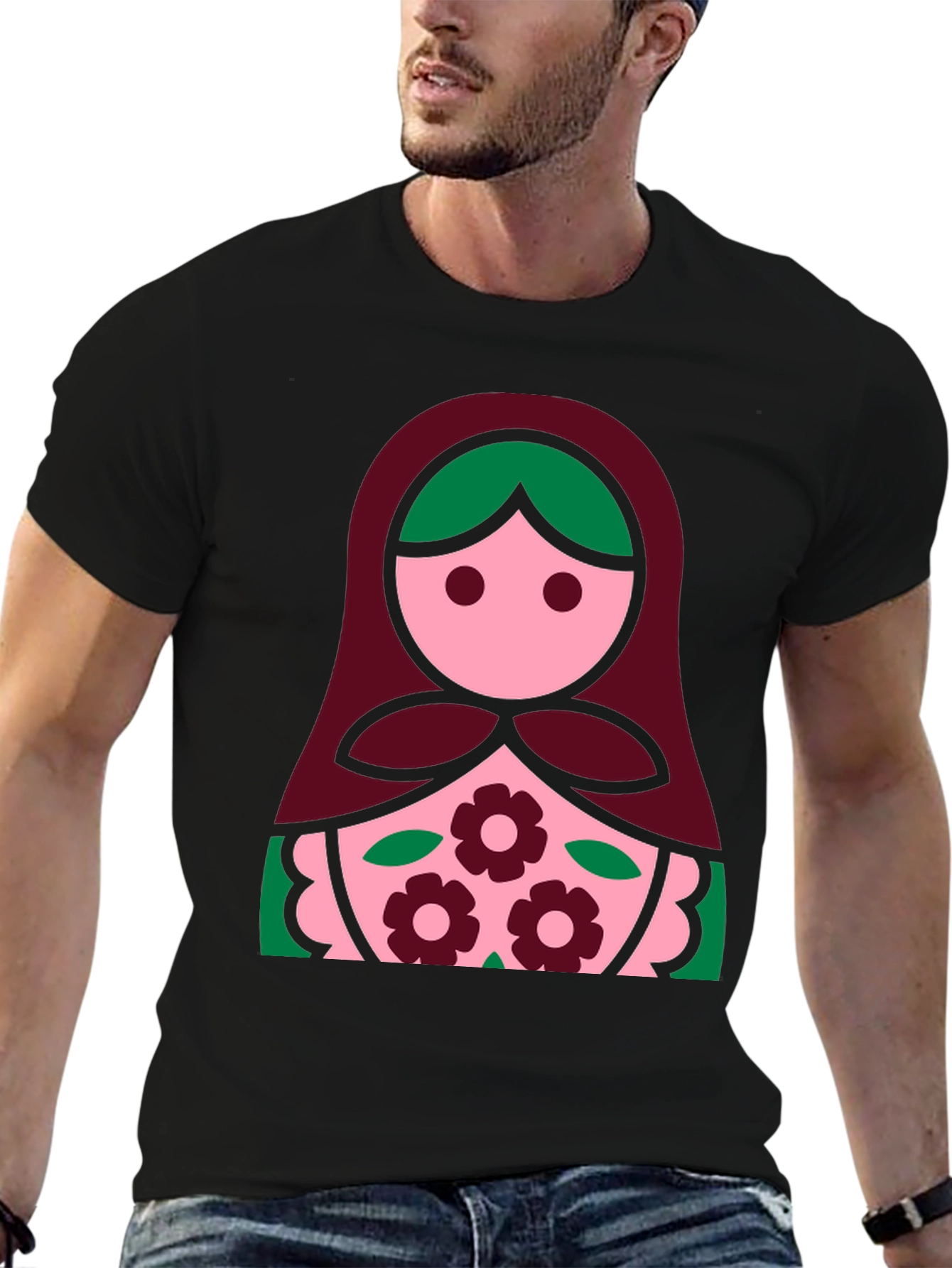 Matryoshka Doll Graphic Tee - Black Cotton Shirt