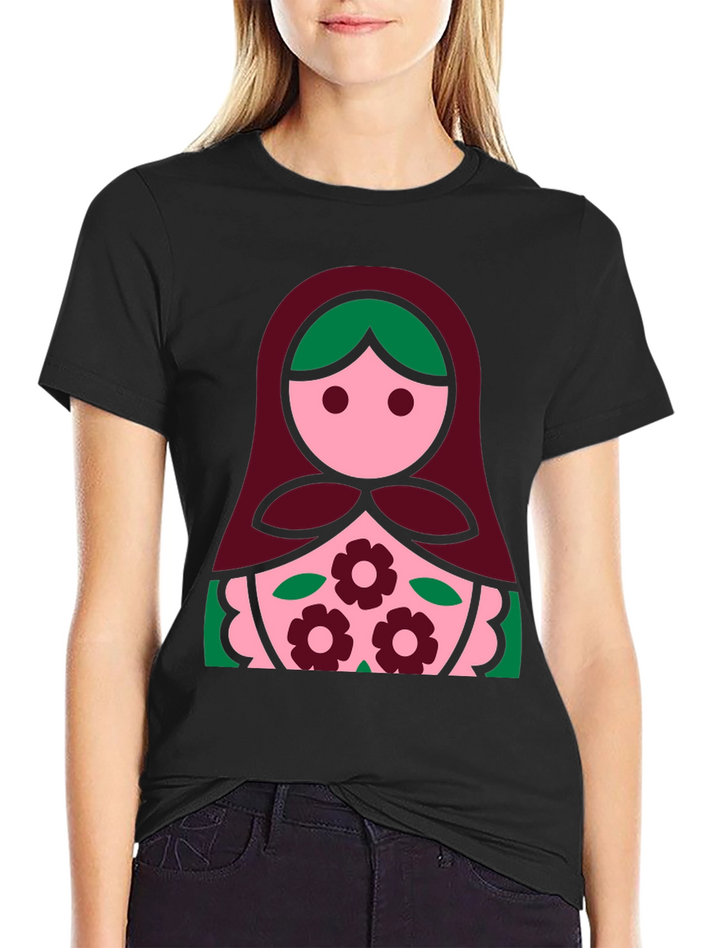Matryoshka Doll Graphic Tee - Black Cotton Shirt