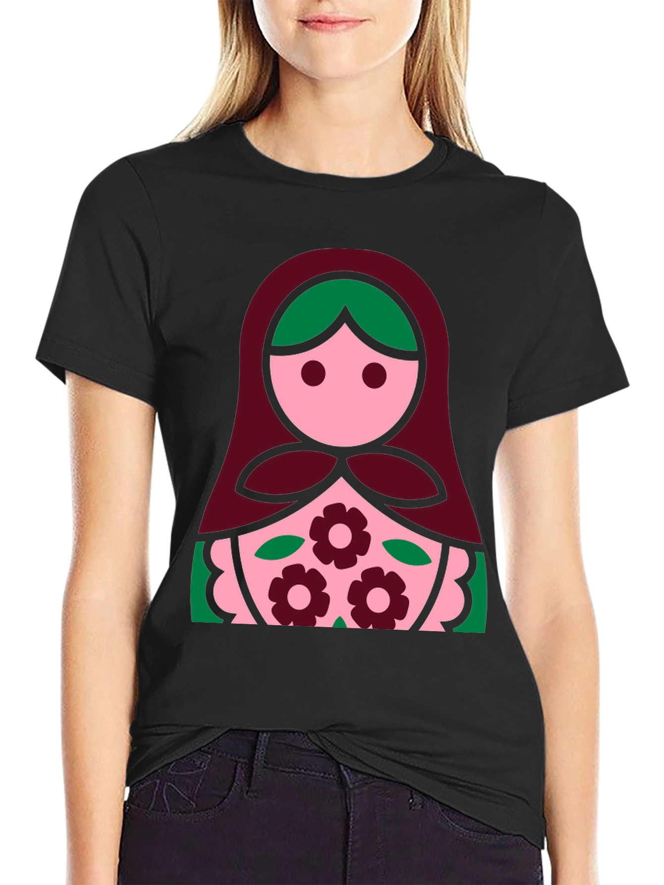 Matryoshka Doll Graphic Tee - Black Cotton Shirt