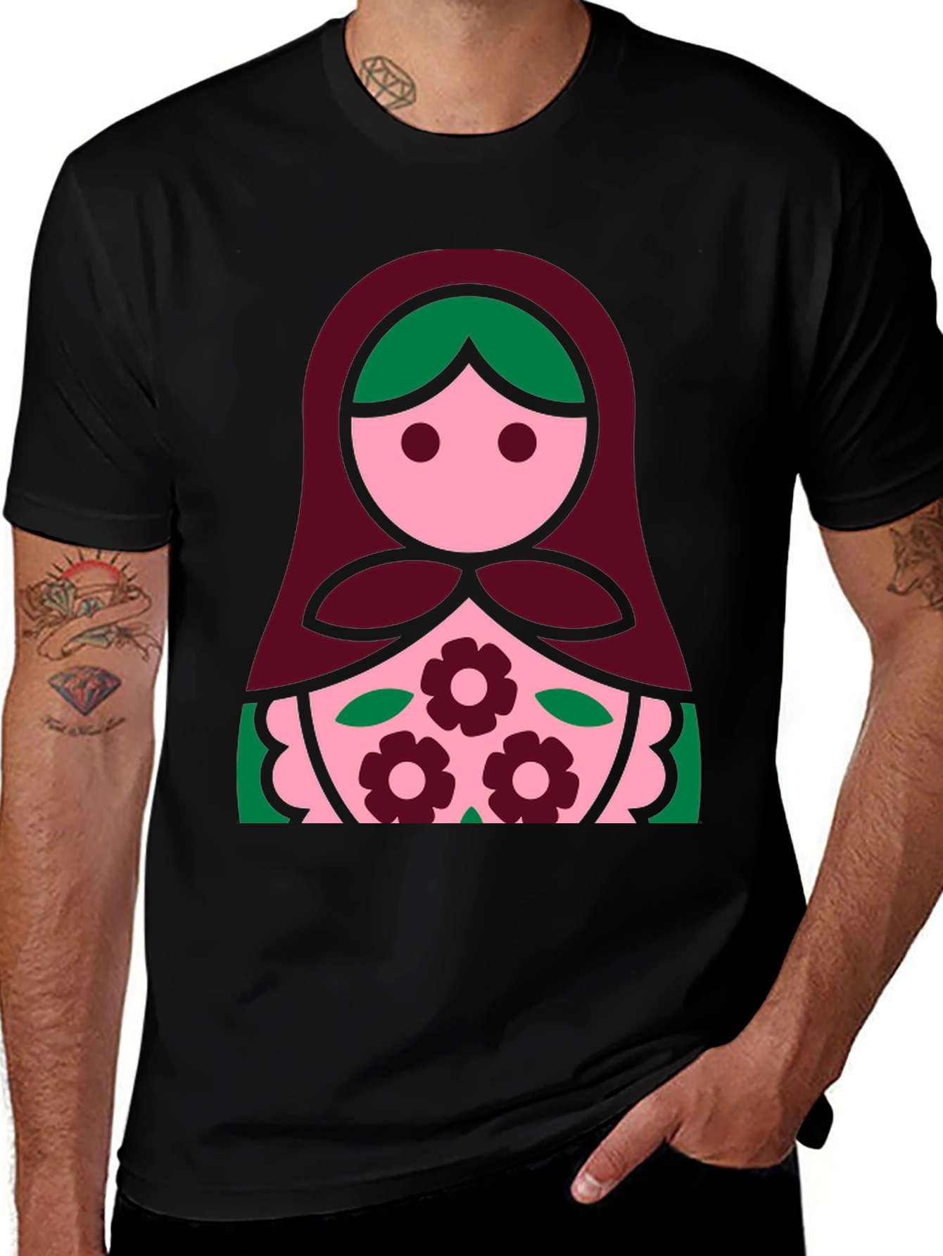 Matryoshka Doll Graphic Tee - Black Cotton Shirt