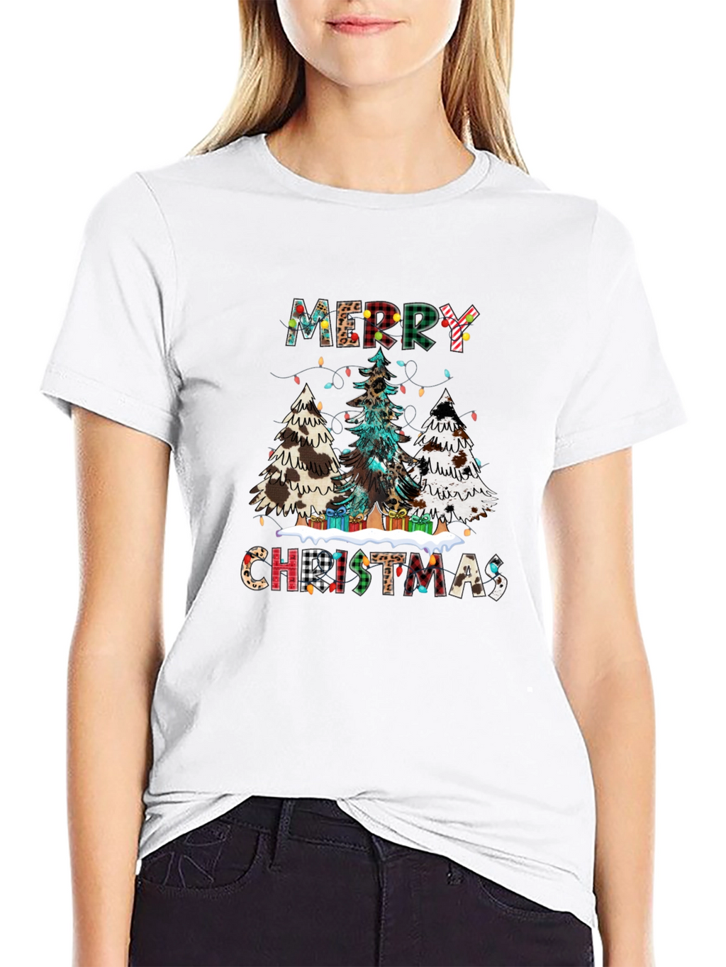 Festive Merry Christmas Tree Plaid Graphic Tee