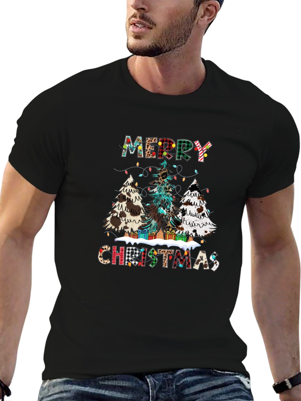 Festive Merry Christmas Tree Plaid Graphic Tee