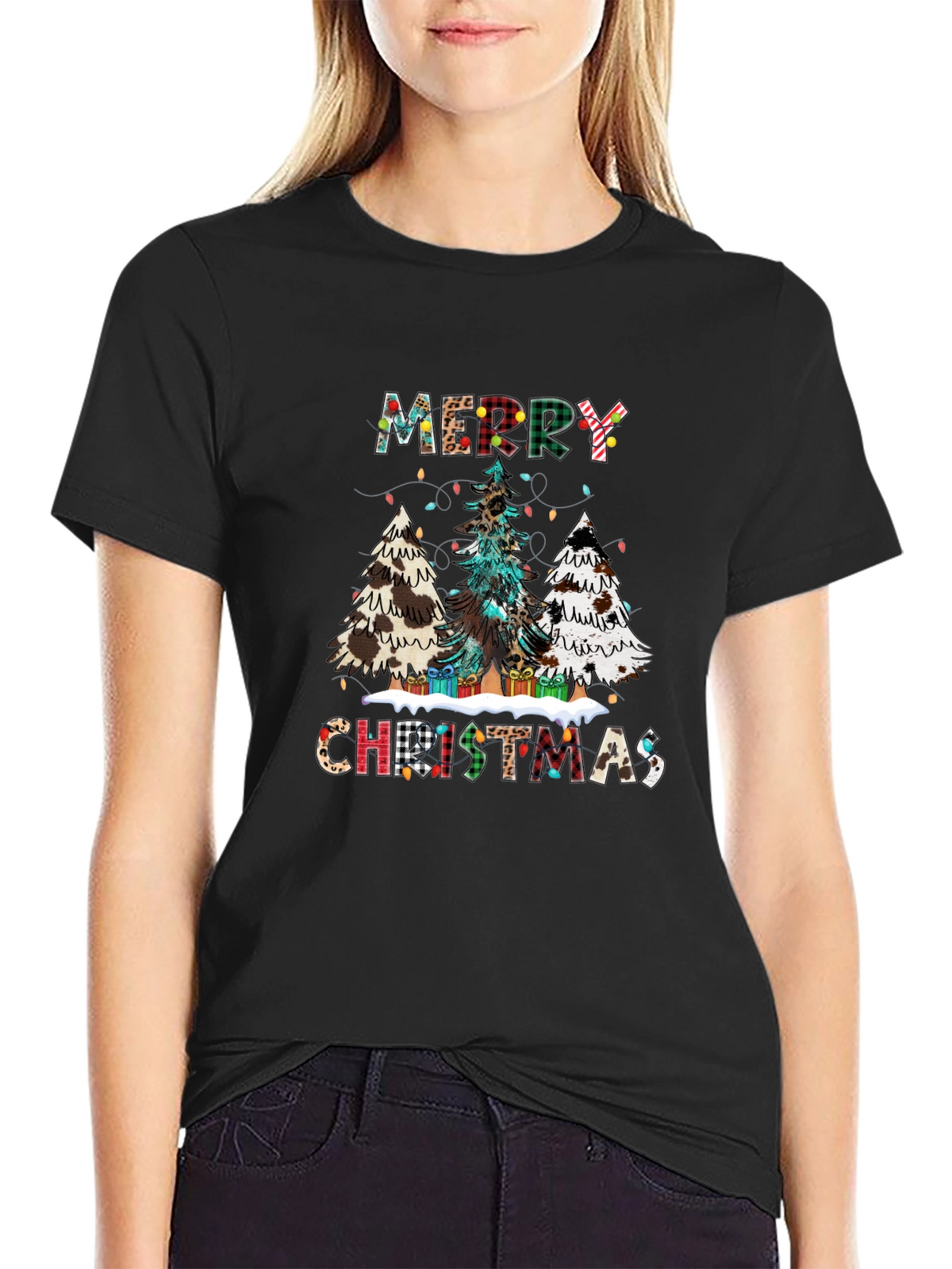 Festive Merry Christmas Tree Plaid Graphic Tee