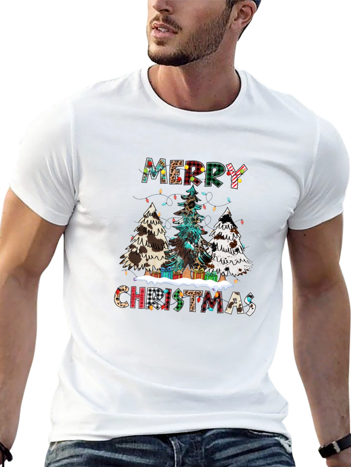 Festive Merry Christmas Tree Plaid Graphic Tee