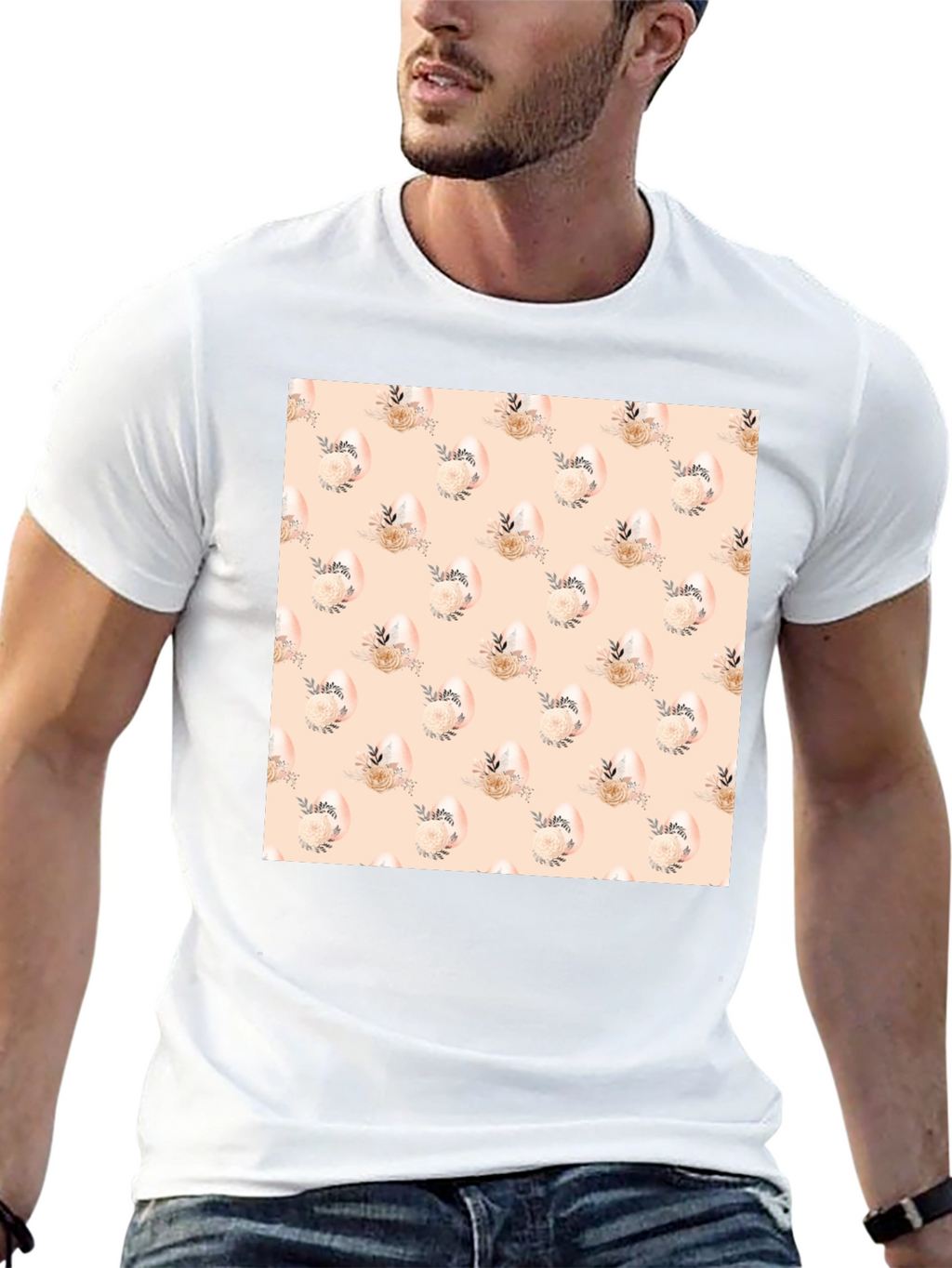 Floral Easter Egg Pattern Black T-Shirt