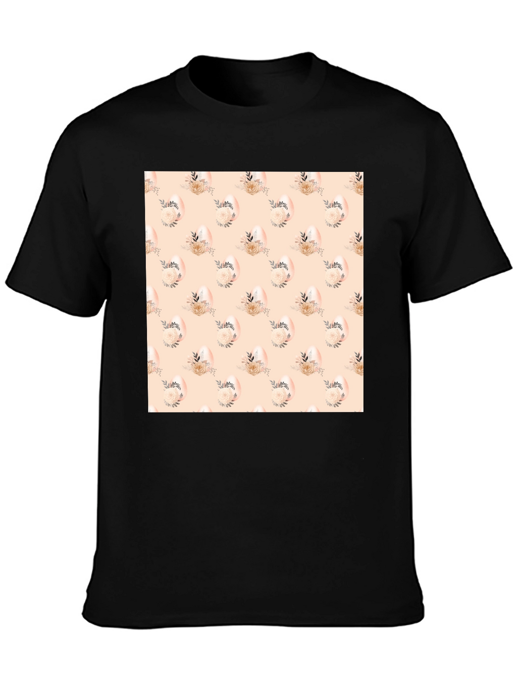 Floral Easter Egg Pattern Black T-Shirt