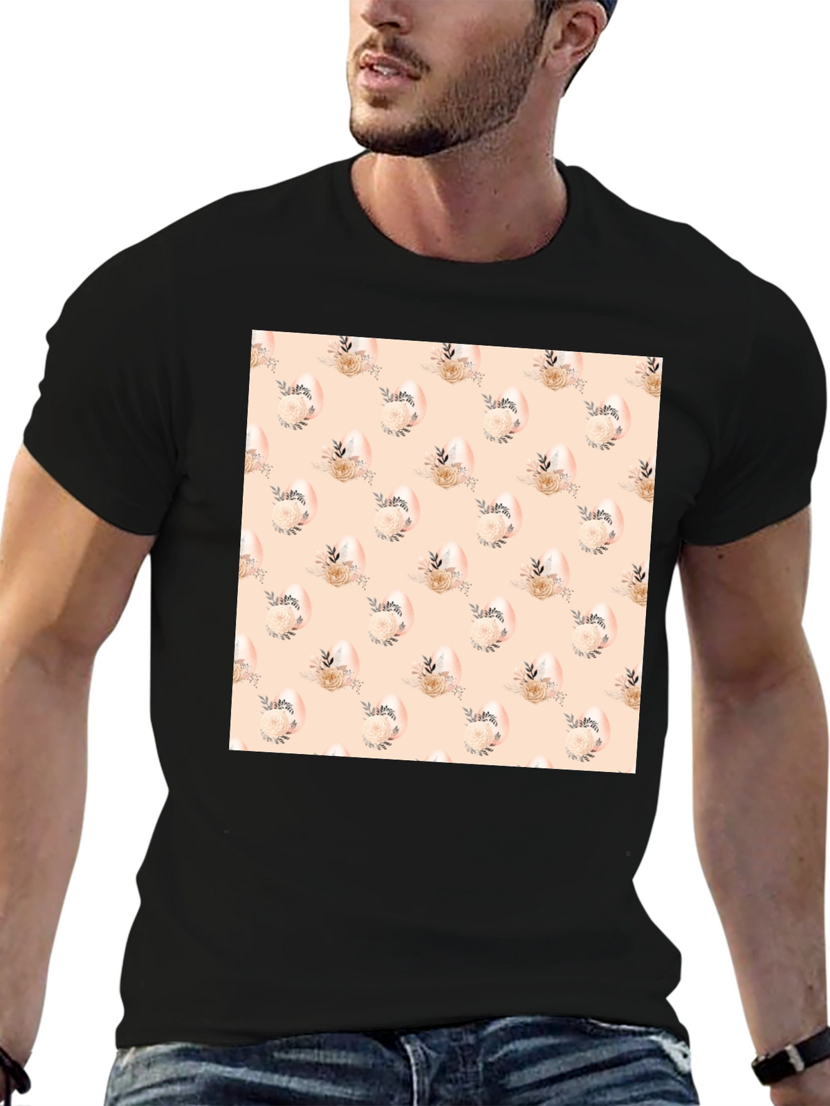 Floral Easter Egg Pattern Black T-Shirt