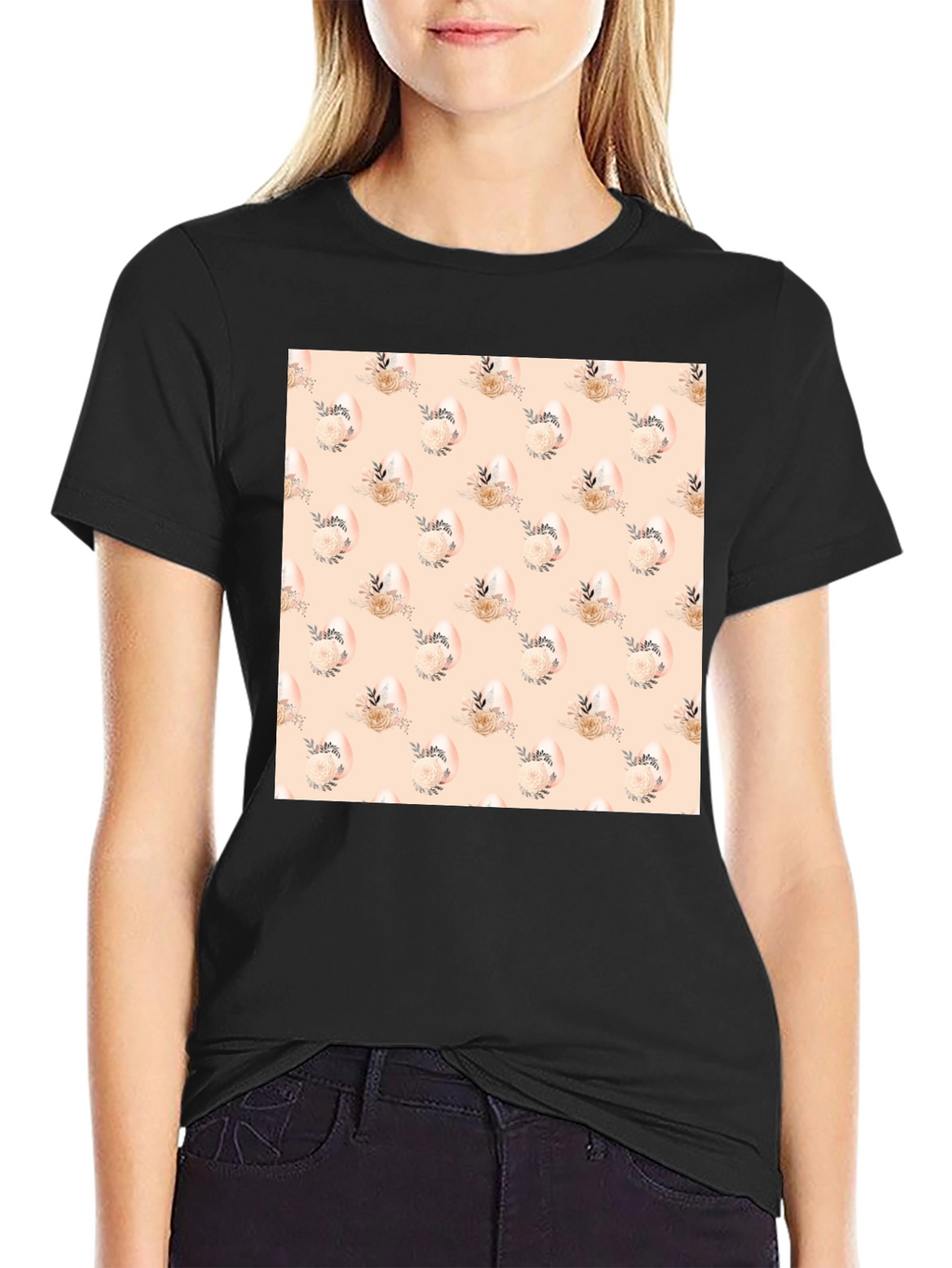 Floral Easter Egg Pattern Black T-Shirt