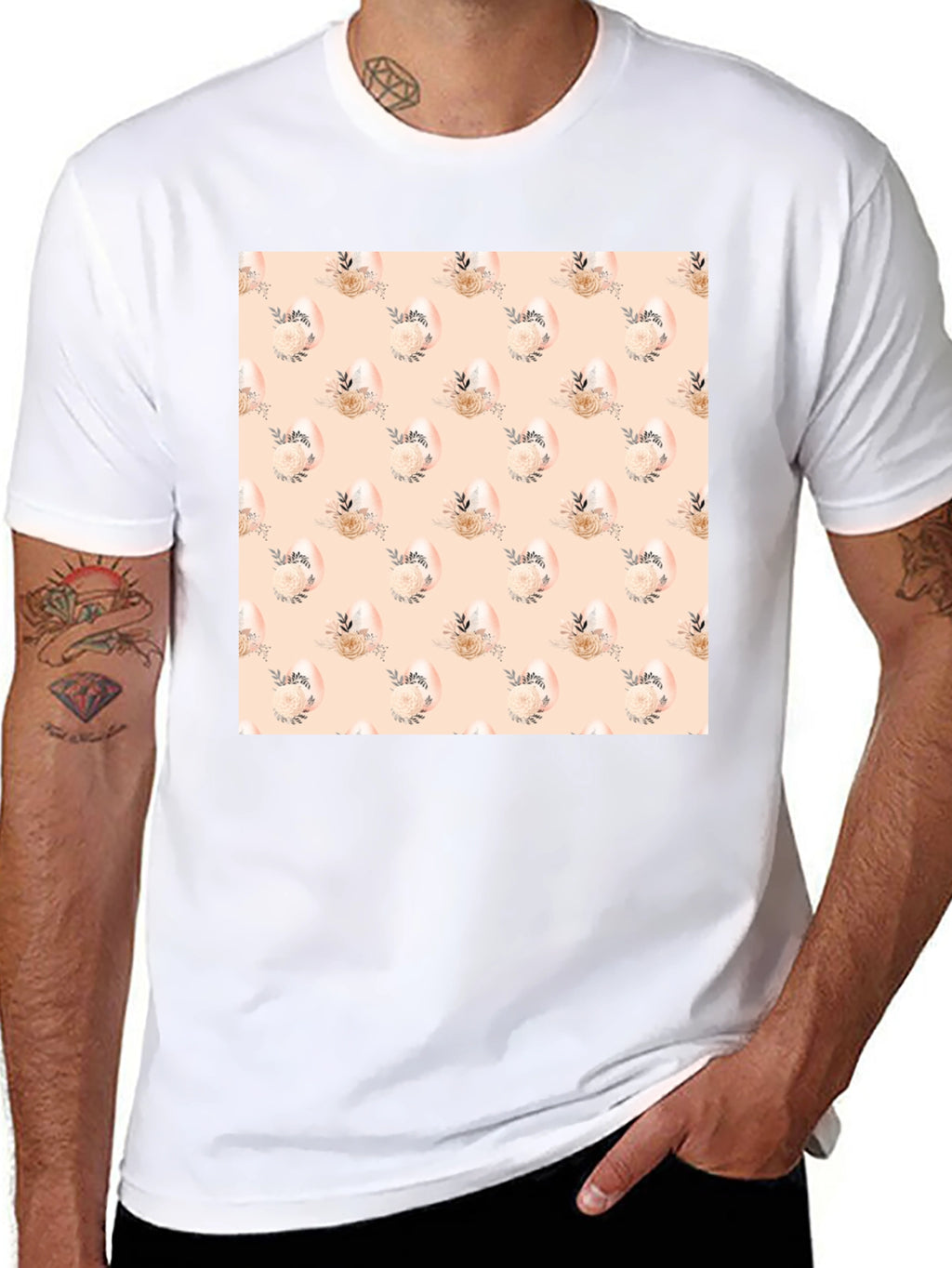 Floral Easter Egg Pattern Black T-Shirt