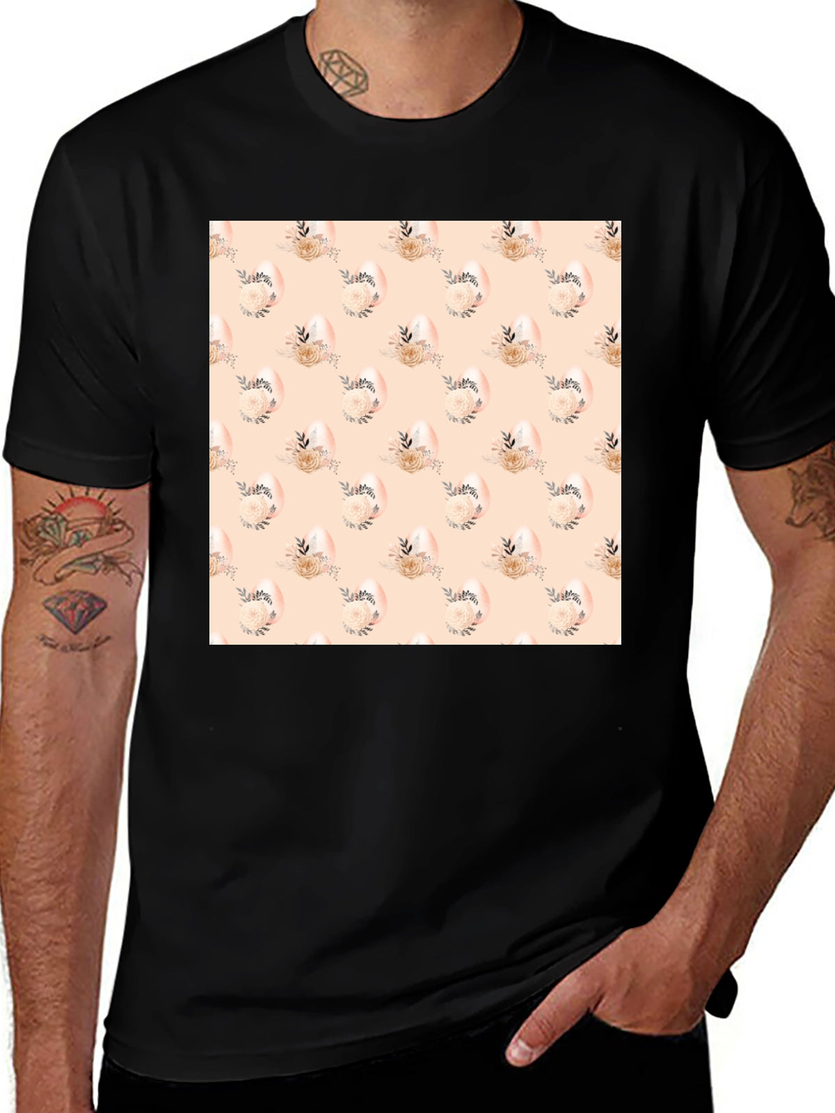 Floral Easter Egg Pattern Black T-Shirt