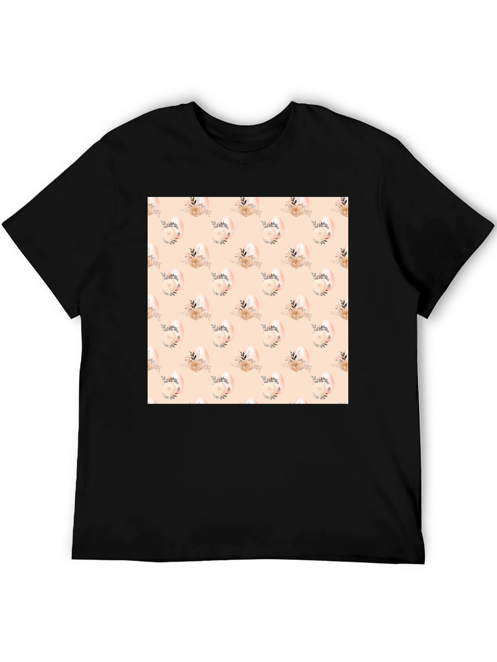 Floral Easter Egg Pattern Black T-Shirt