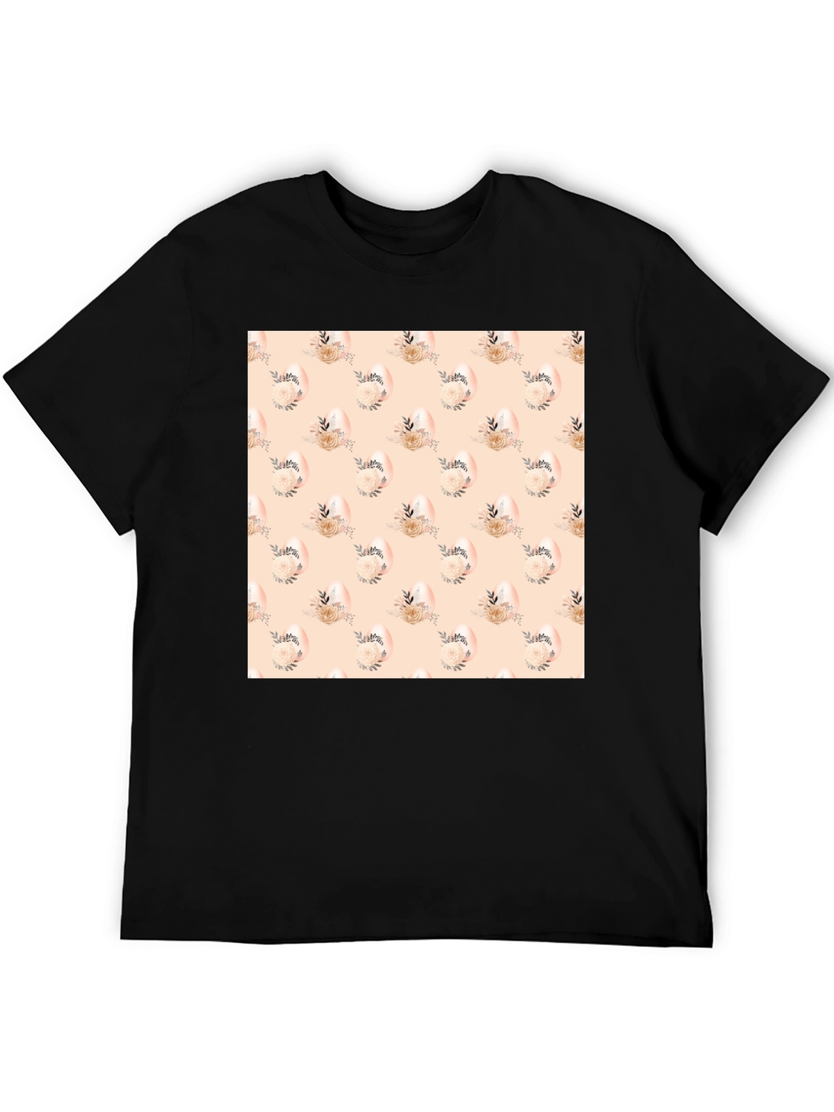 Floral Easter Egg Pattern Black T-Shirt