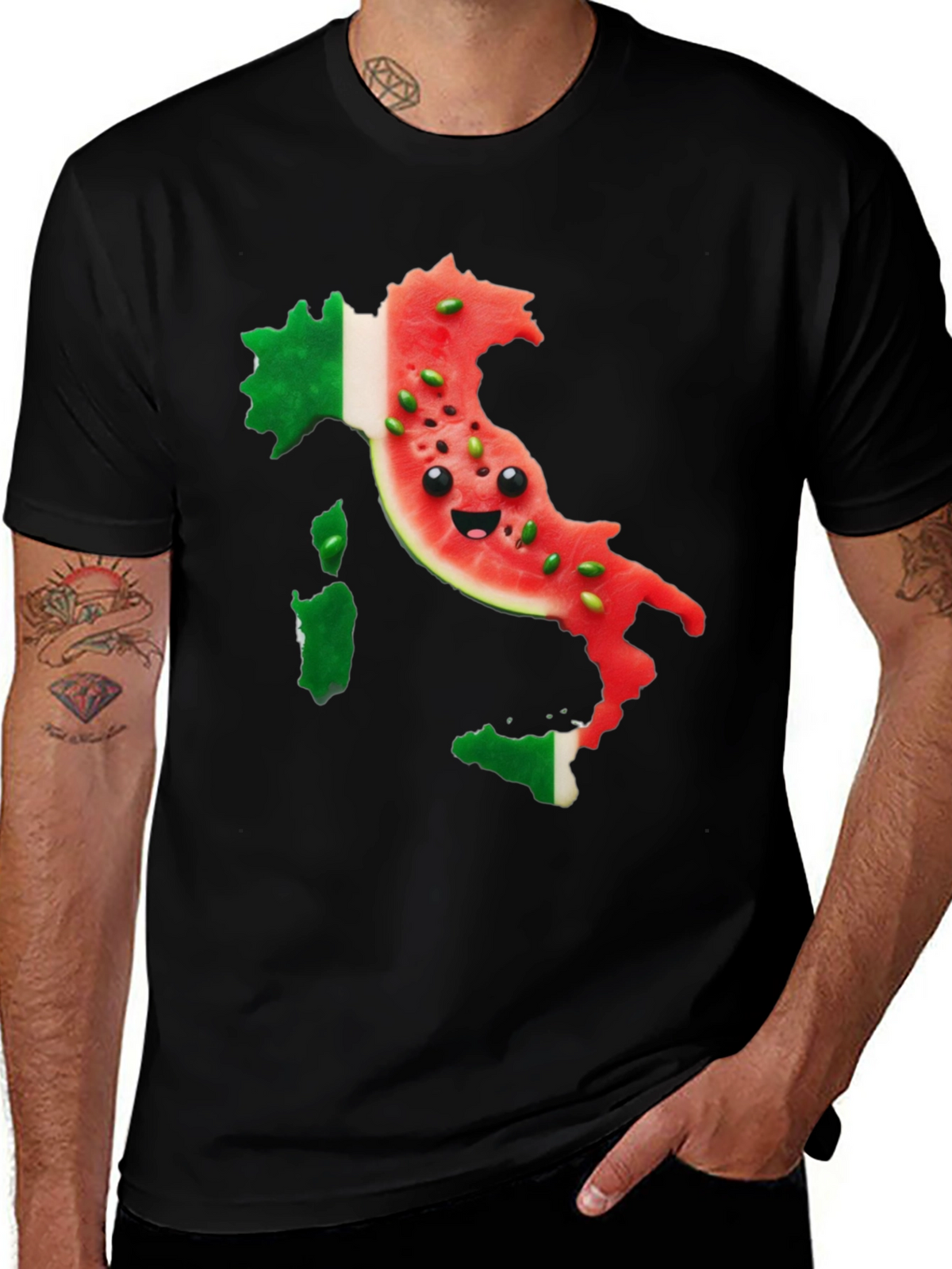 Italy Watermelon Face Mens Black T-Shirt