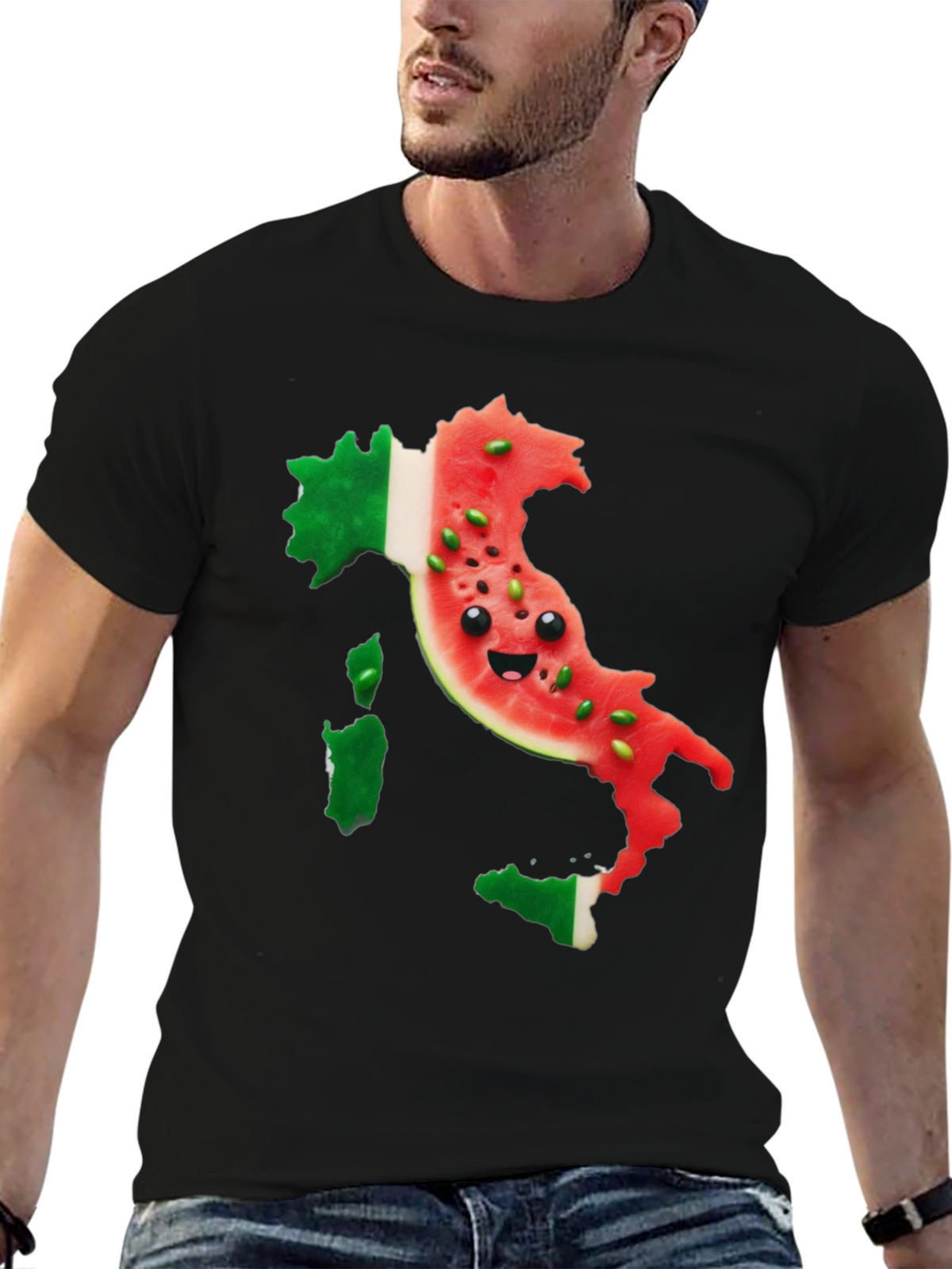 Italy Watermelon Face Mens Black T-Shirt