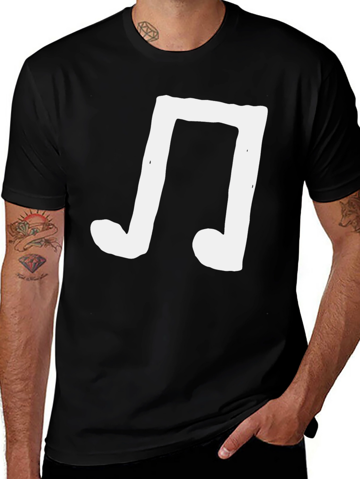 Mens Black T-Shirt with White Music Note Graphic