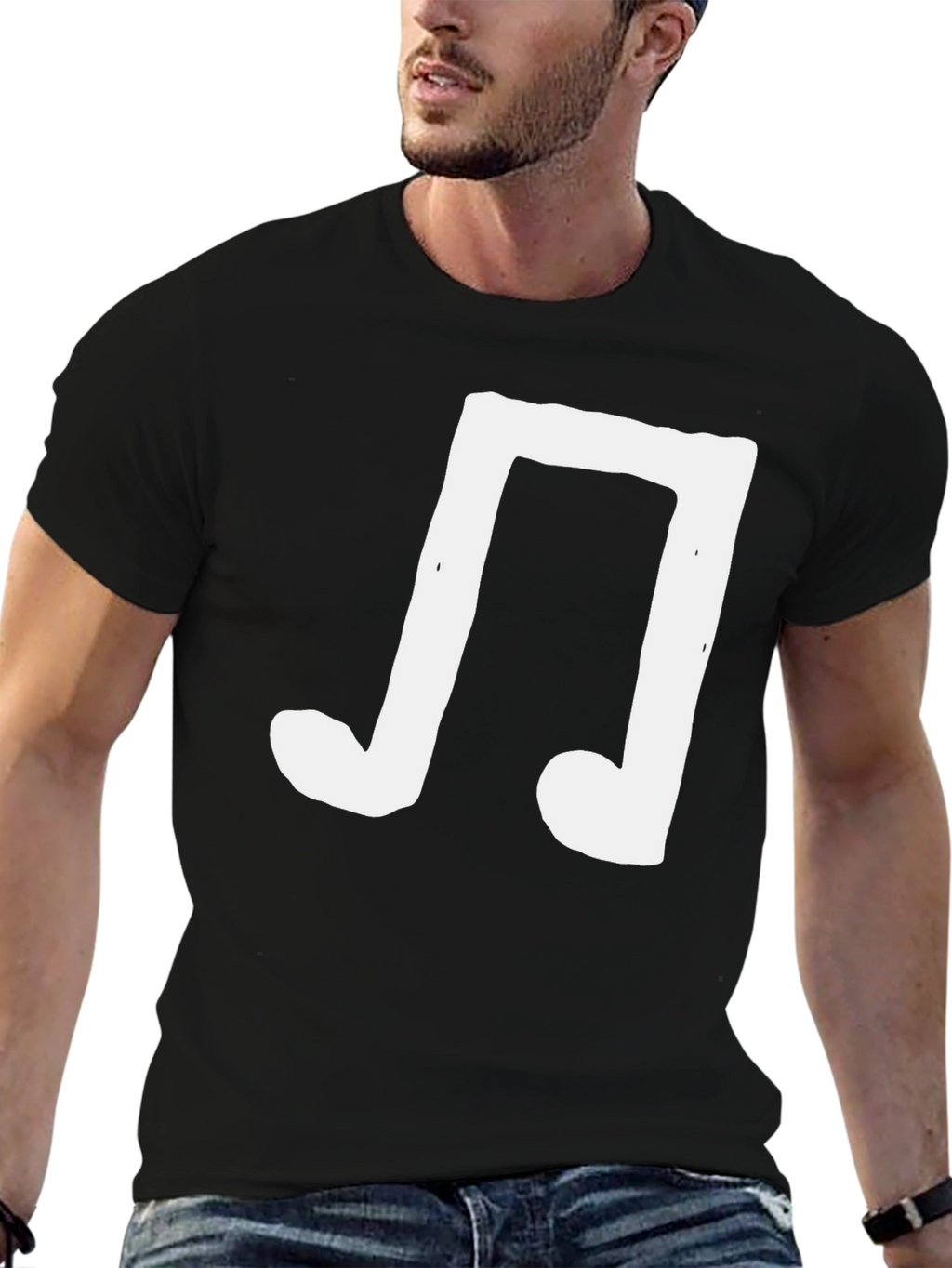 Mens Black T-Shirt with White Music Note Graphic