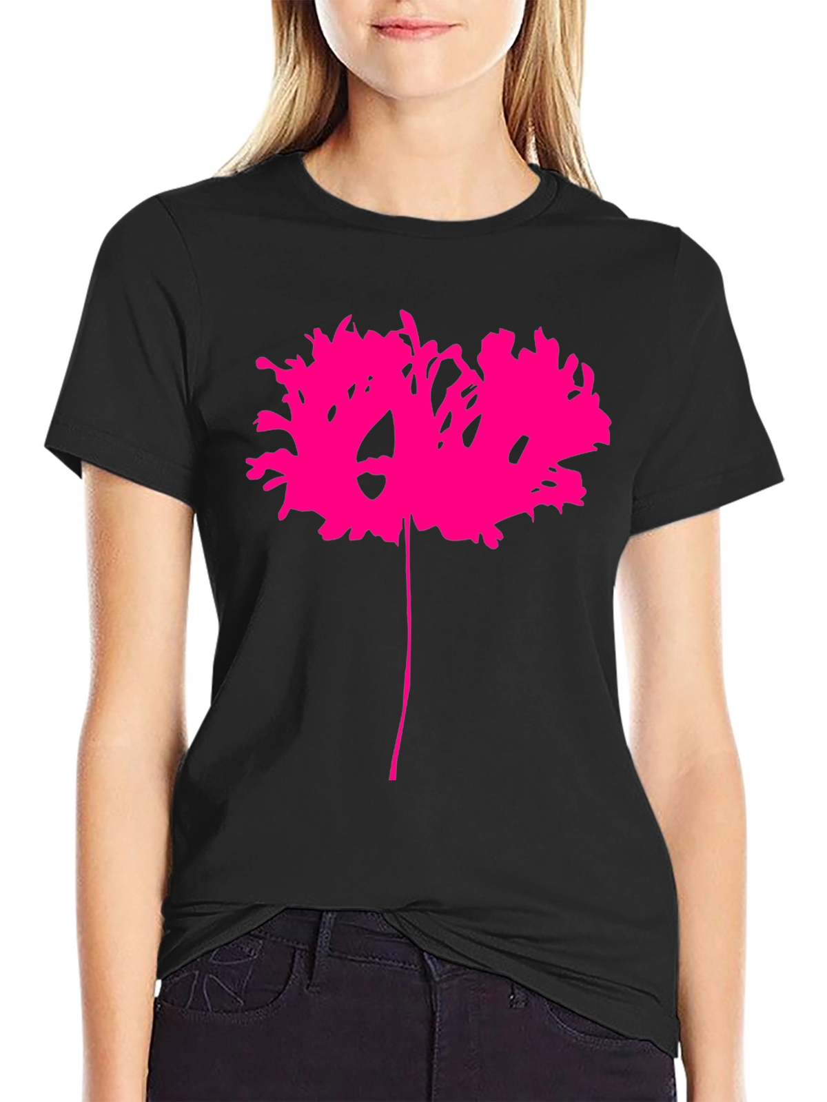 Black T-Shirt with Abstract Pink Flower Design