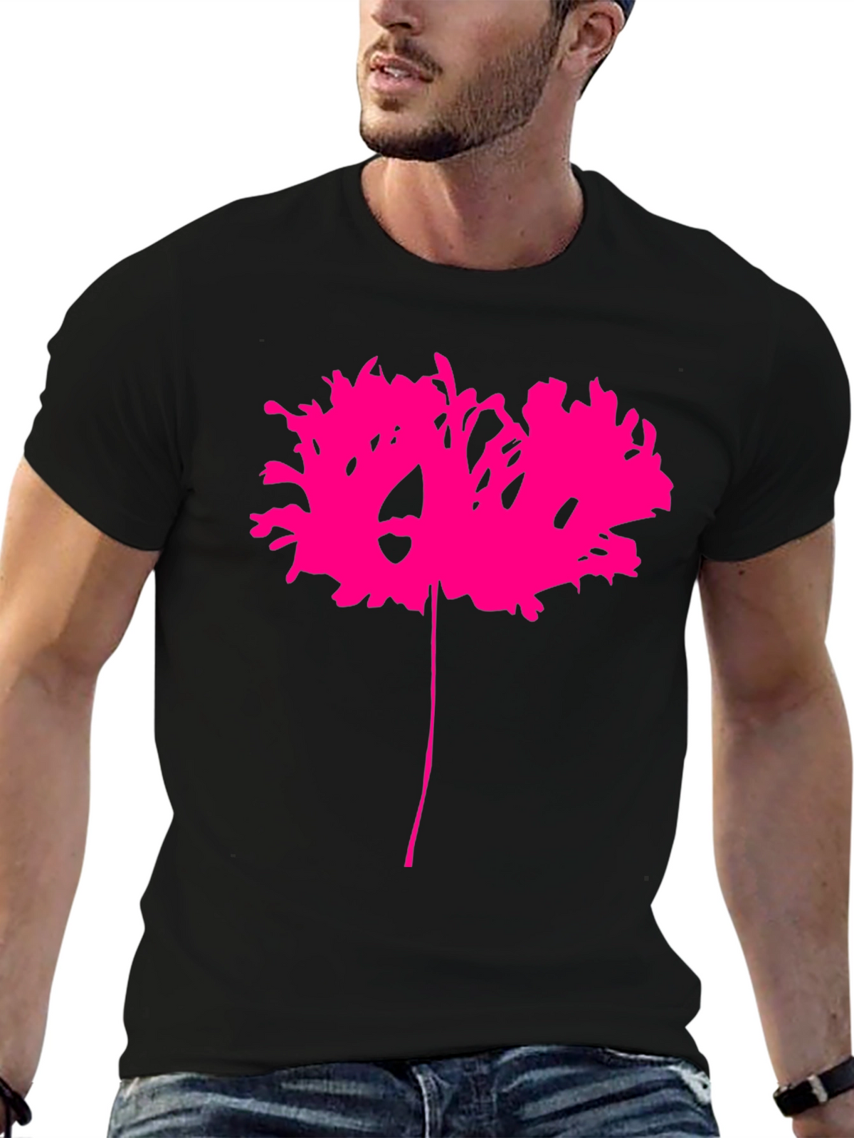 Black T-Shirt with Abstract Pink Flower Design