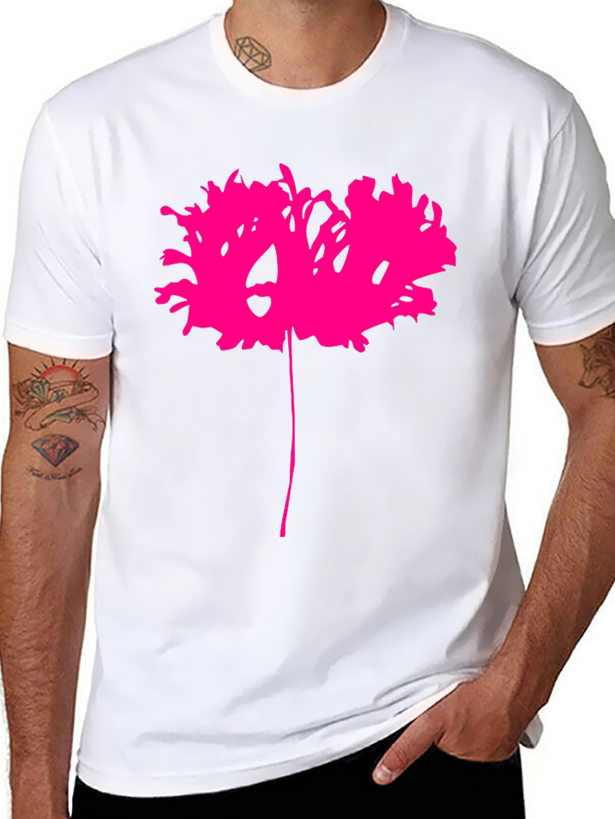 Black T-Shirt with Abstract Pink Flower Design