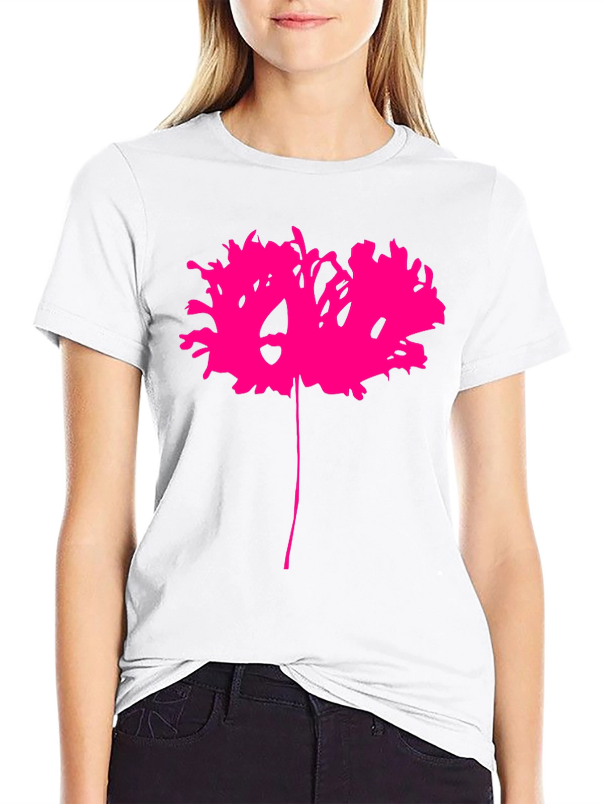 Black T-Shirt with Abstract Pink Flower Design