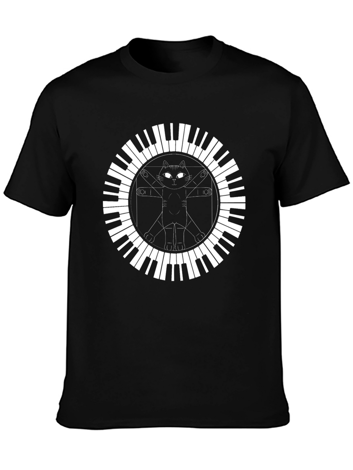 Cat Vitruvian Man Piano Keys Black T-Shirt