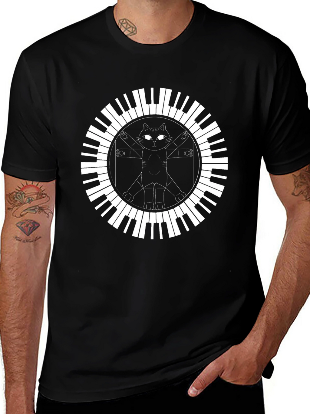 Cat Vitruvian Man Piano Keys Black T-Shirt