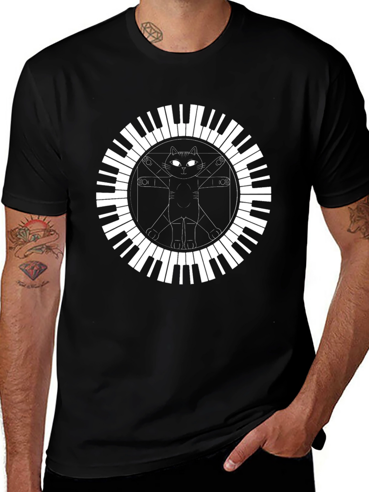 Cat Vitruvian Man Piano Keys Black T-Shirt