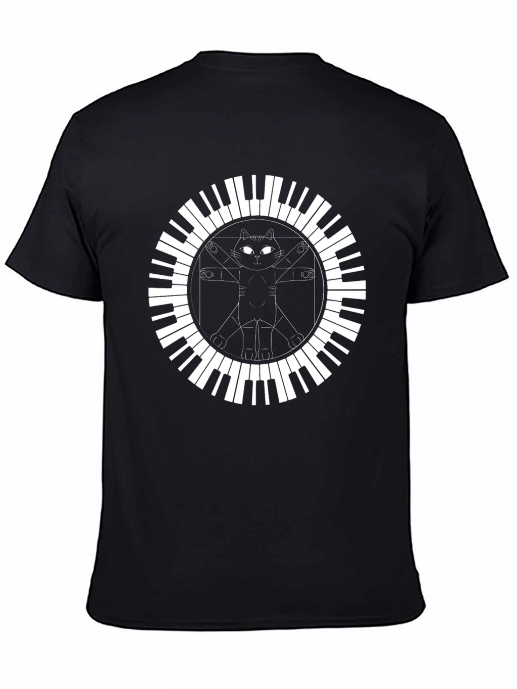 Cat Vitruvian Man Piano Keys Black T-Shirt