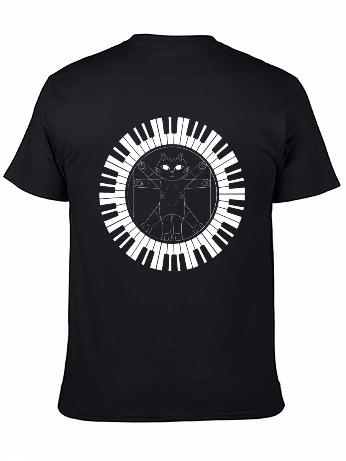 Cat Vitruvian Man Piano Keys Black T-Shirt