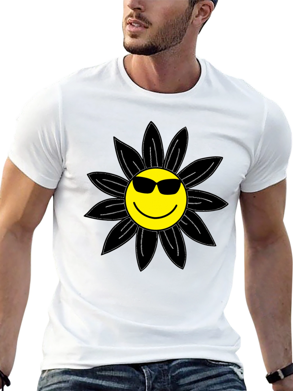 Cool Smiley Flower Graphic Tee - Black