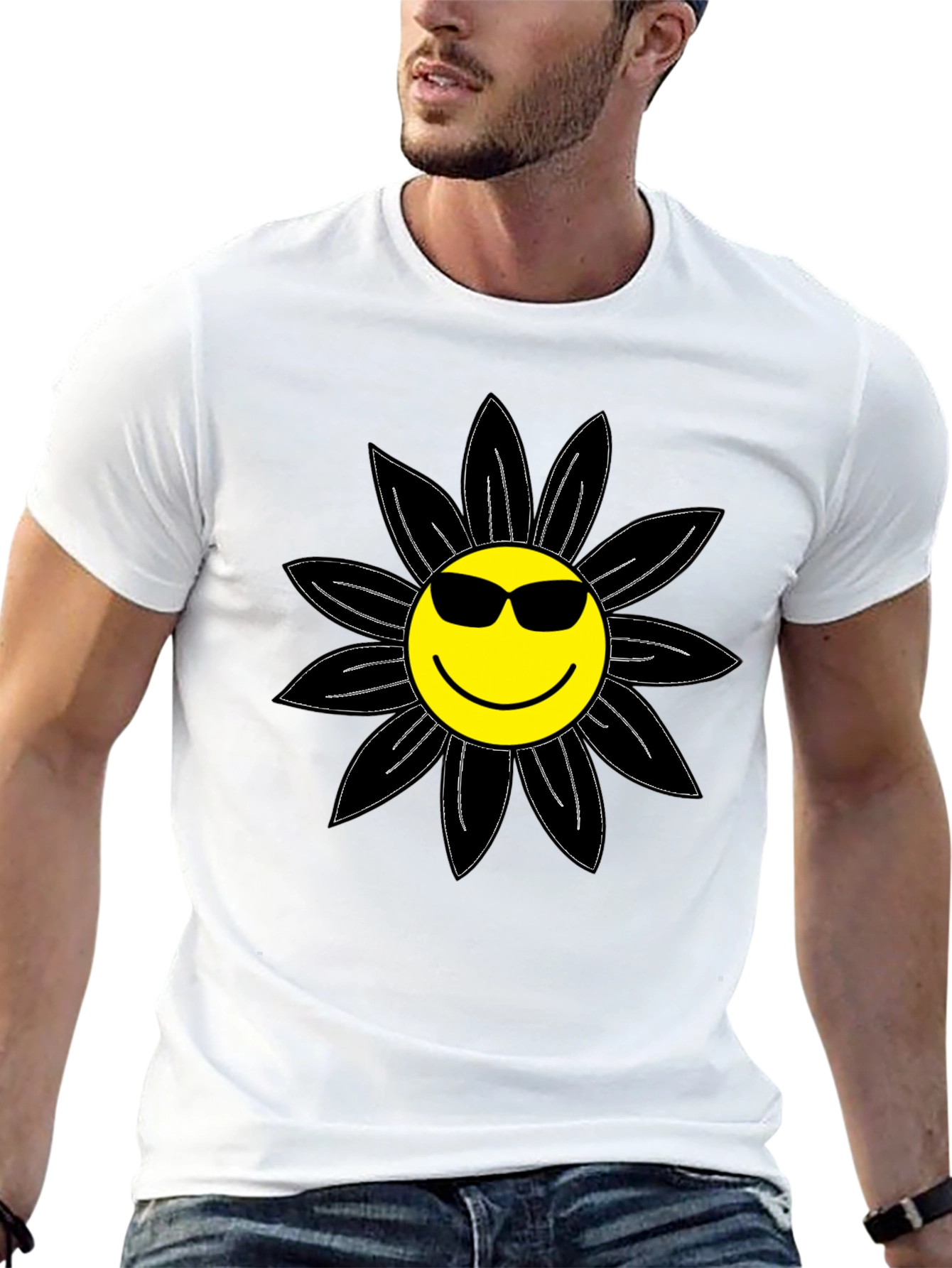 Cool Smiley Flower Graphic Tee - Black