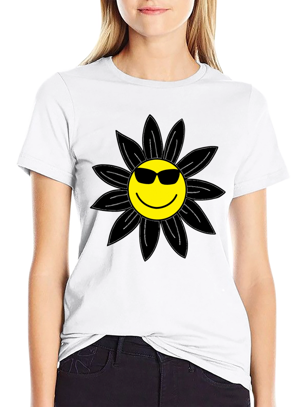 Cool Smiley Flower Graphic Tee - Black