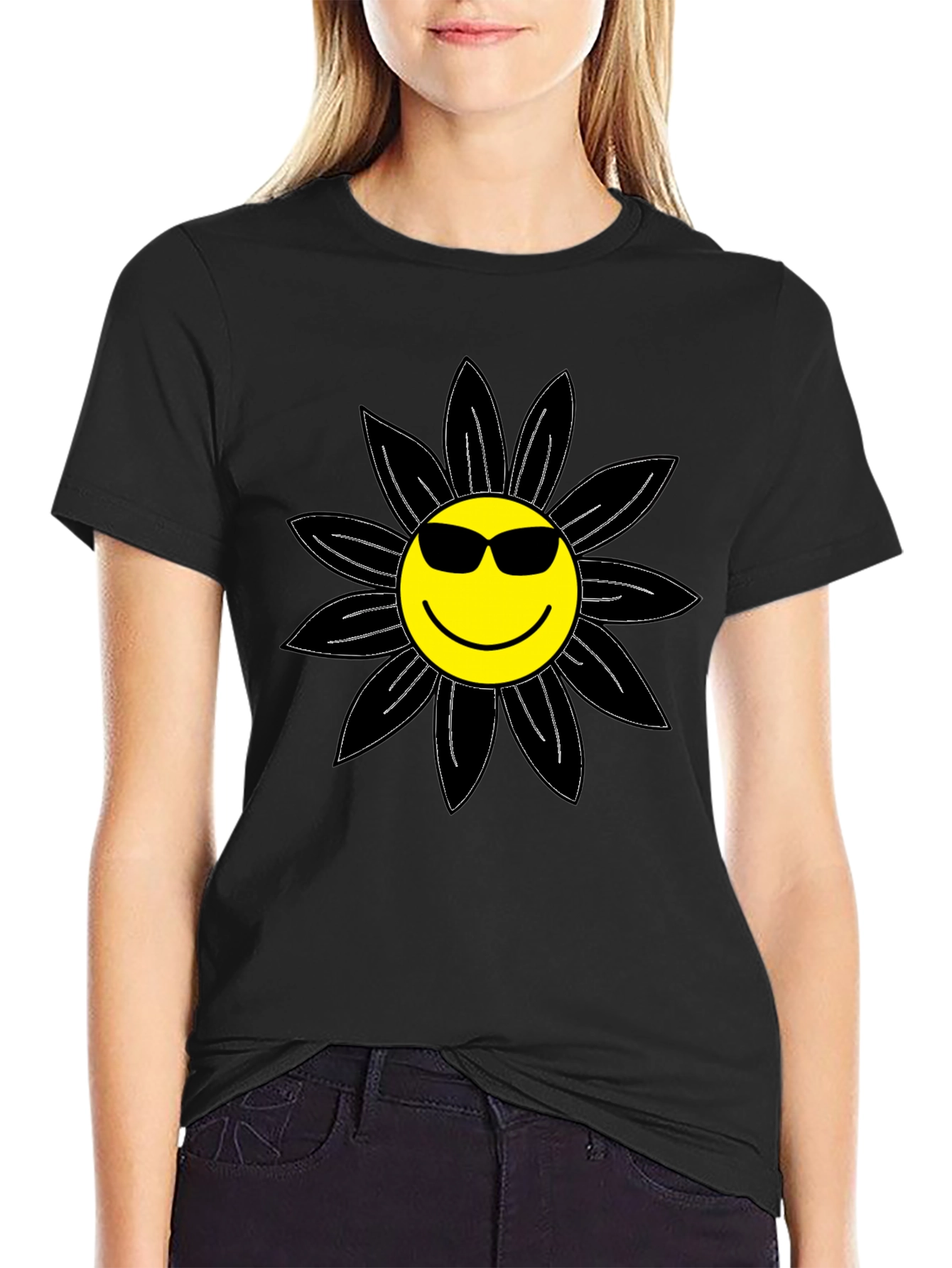 Cool Smiley Flower Graphic Tee - Black