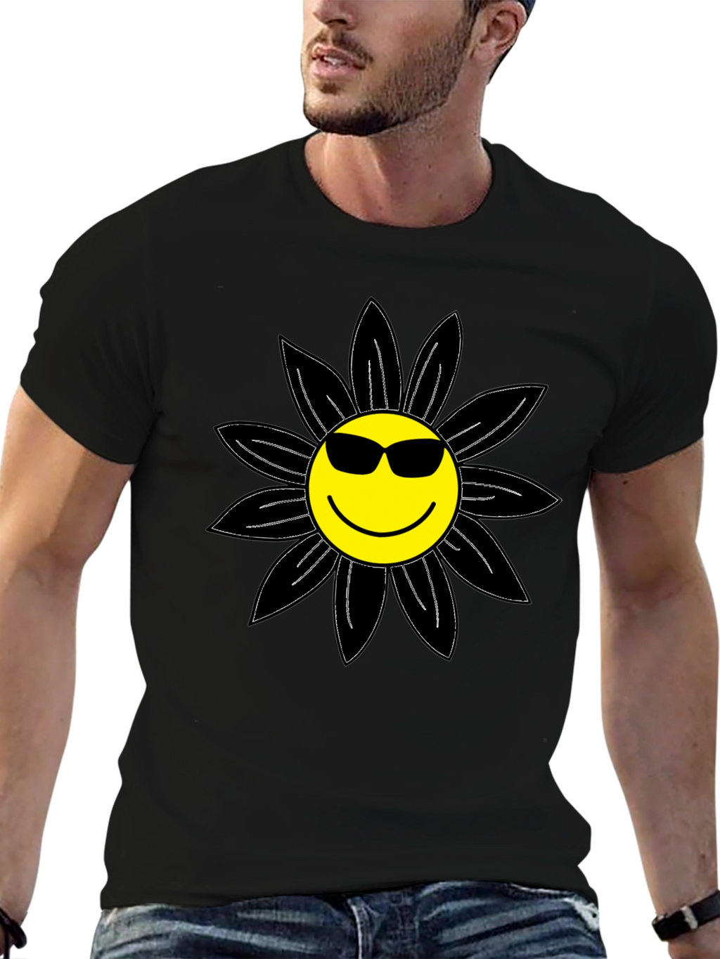Cool Smiley Flower Graphic Tee - Black