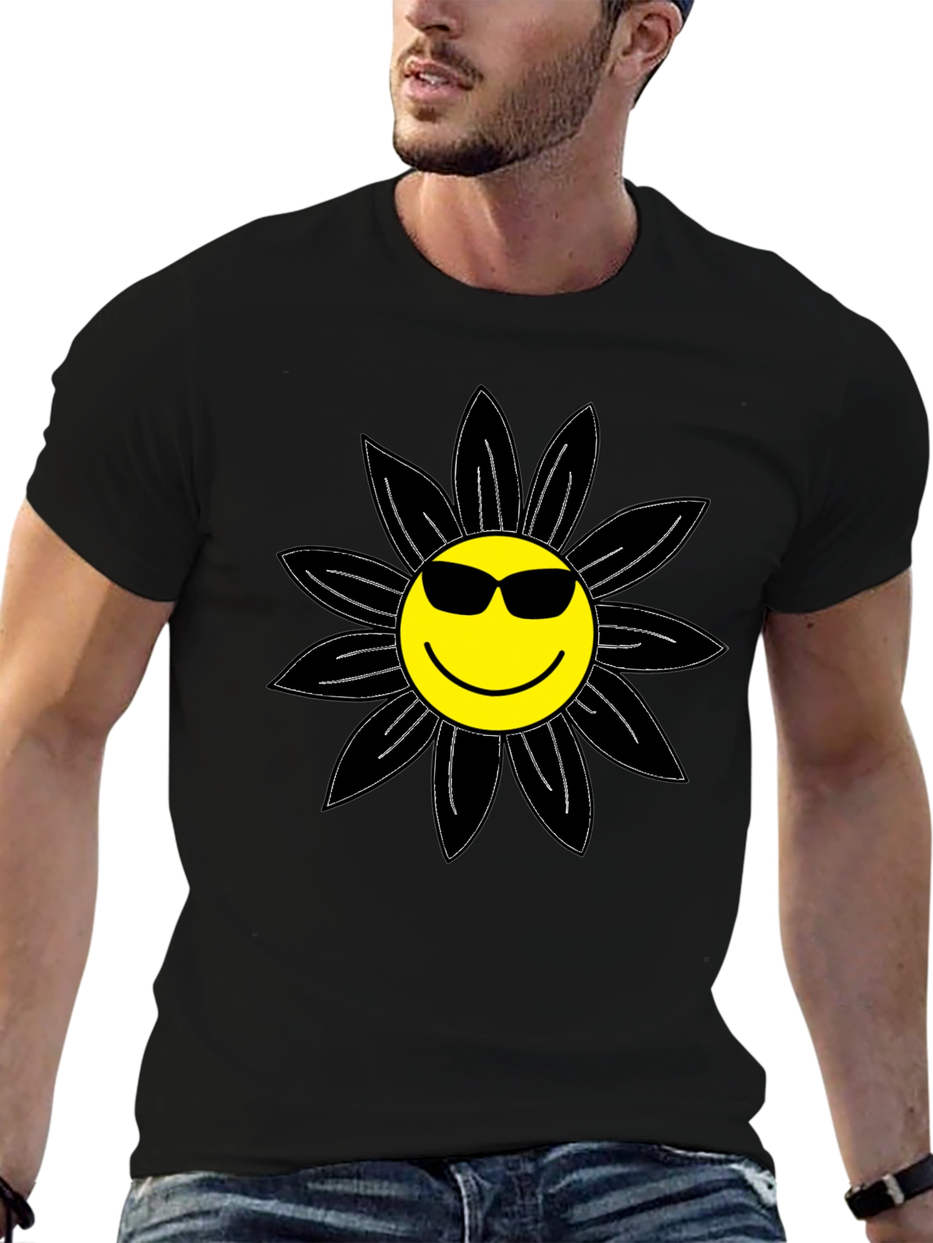 Cool Smiley Flower Graphic Tee - Black