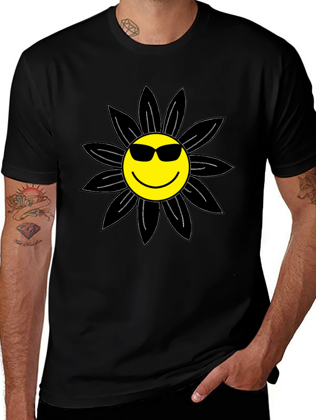 Cool Smiley Flower Graphic Tee - Black
