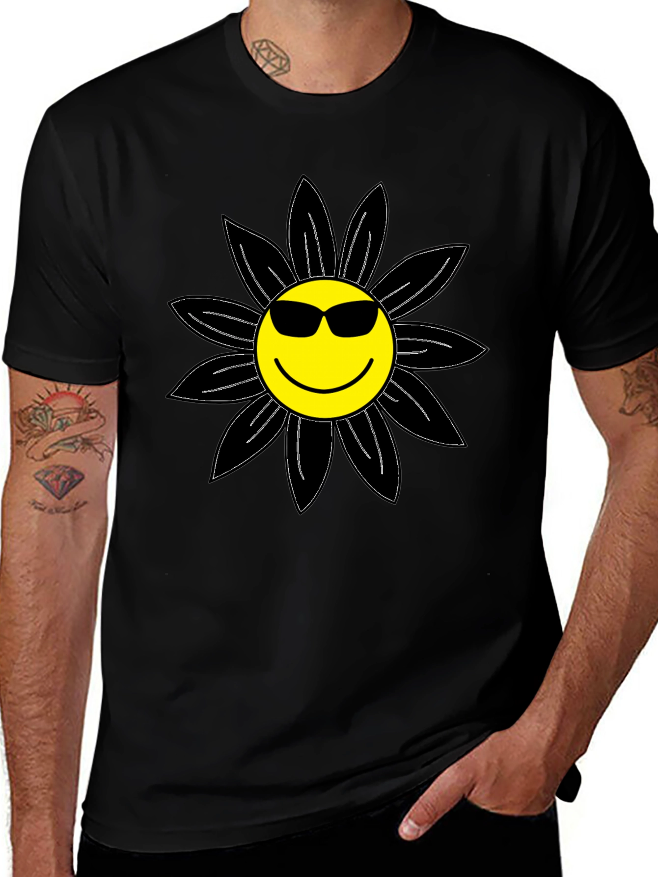 Cool Smiley Flower Graphic Tee - Black