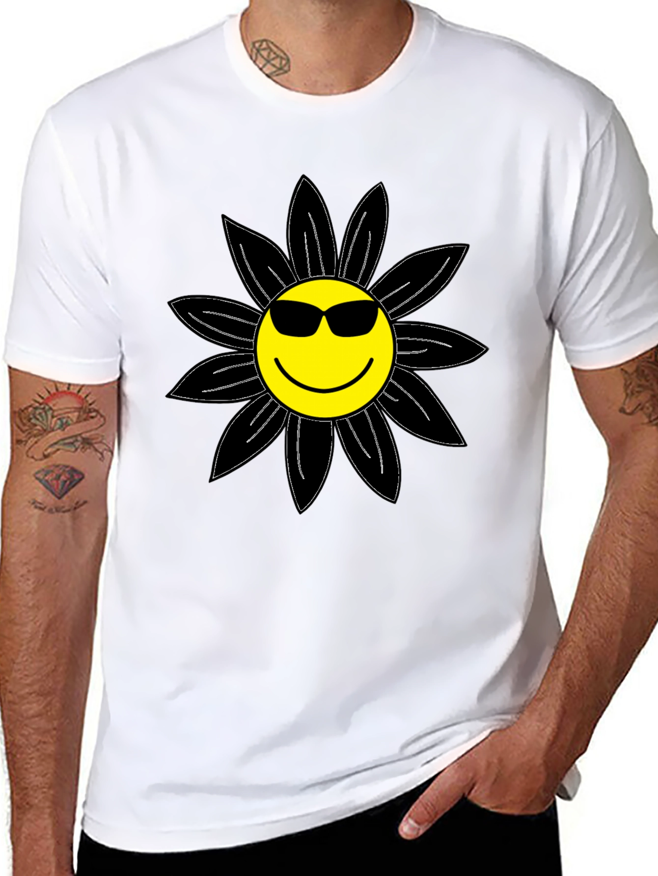 Cool Smiley Flower Graphic Tee - Black