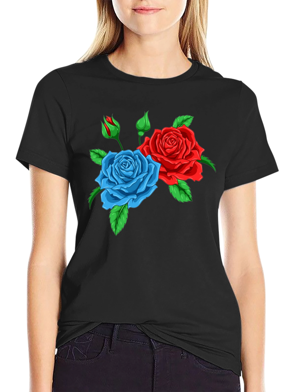 Floral Graphic T-Shirt: Red & Blue Roses