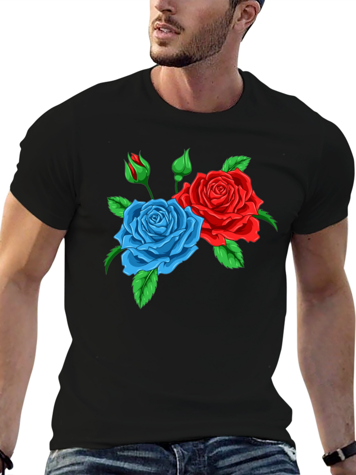 Floral Graphic T-Shirt: Red & Blue Roses